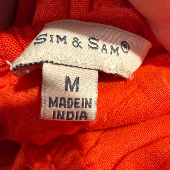 Sim Sam Milkmaid Linen Blend Midi Dress Orange M Cottagecore Peasant Ruffle Hem - Picture 7 of 8